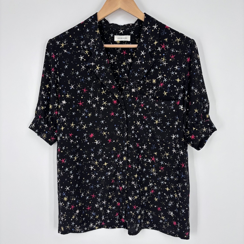 Anine Bing Star Safari Silk Short Sleeve Shirt Womens S (Measured) Black Top